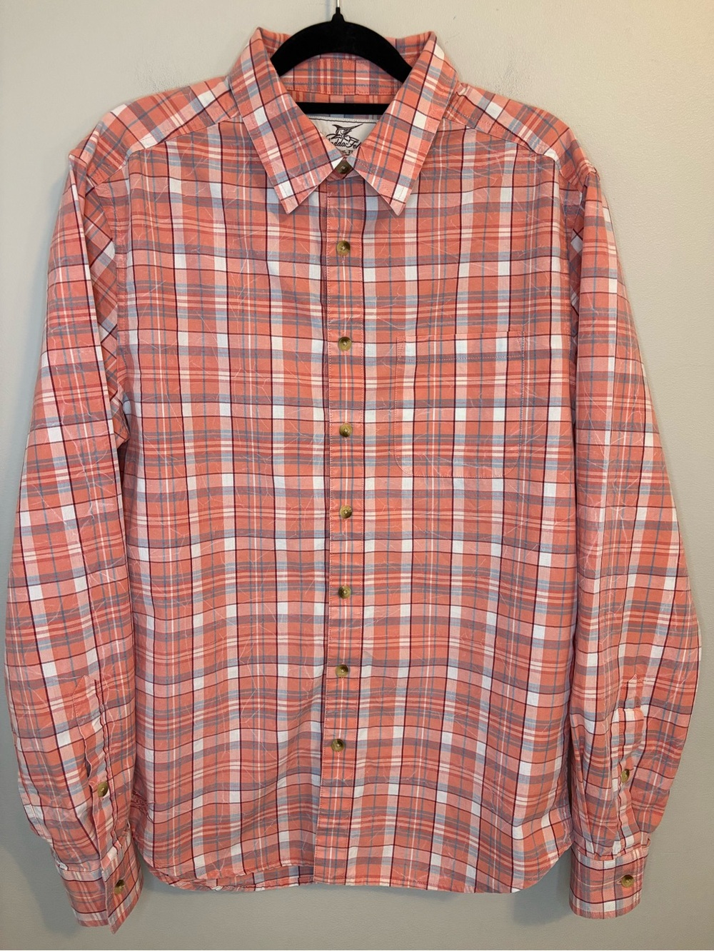 Madda Fella Plaid Button Front Shirt Coral Blue Cotton Size Small